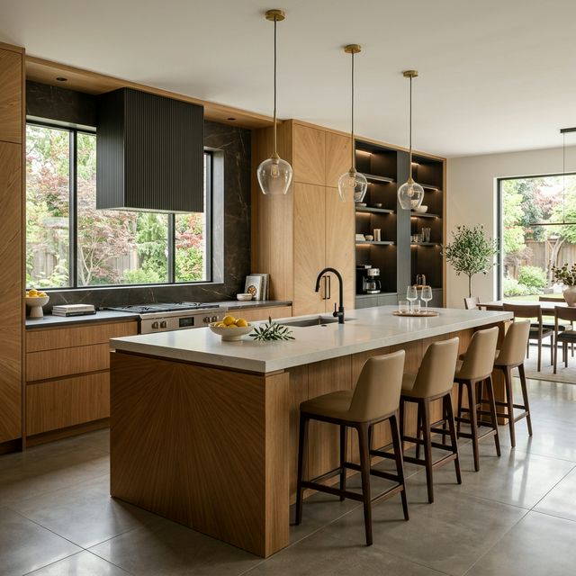 Современная кухня с фасадами из декоративного шпона